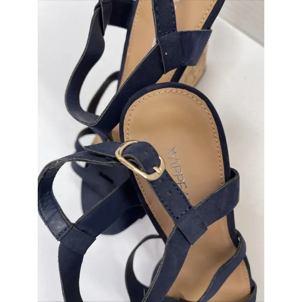 Never Worn Women’s Size 8 Cork Wedge Shoes With Navy Blue Straps - Picture 4 of 5